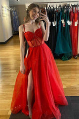 Sparkly Tulle Red Spaghetti Straps A-line Beaded Prom Dresses With Slit, MP894 | red long prom dress | cheap prom dresses online | party dress | musebridals.com