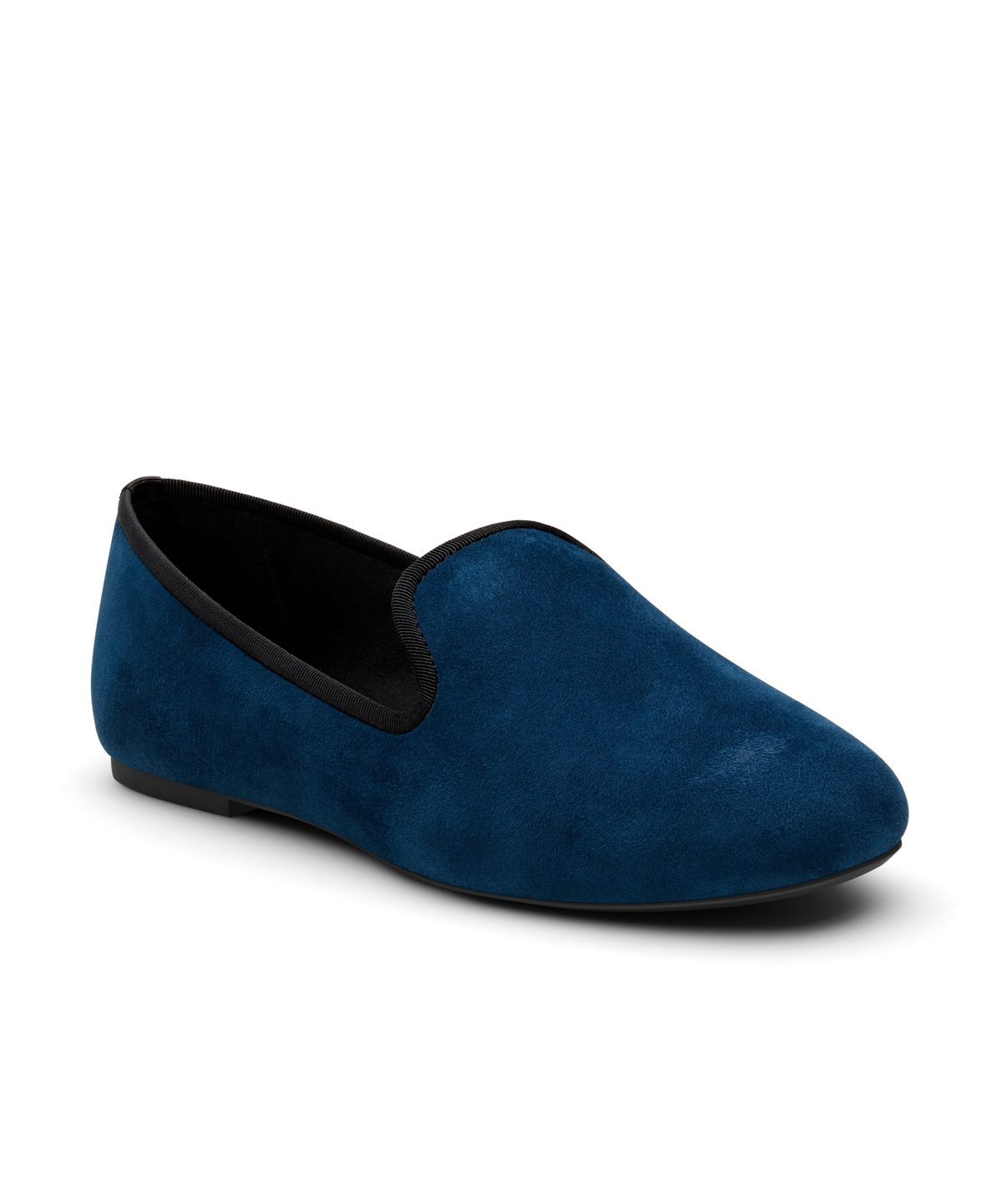 Navy suede classic loafer shoe with rounded toe, designed for comfort and style. Perfect for everyday wear. Front angled view.