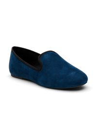 Navy suede classic loafer shoe with rounded toe, designed for comfort and style. Perfect for everyday wear. Front angled view.