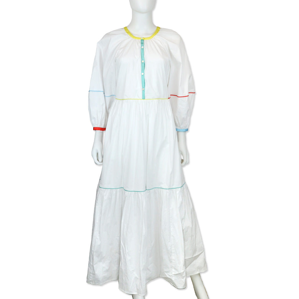 Staud White Cotton Demi Tiered Short Puff-Sleeve Prairie Peasant Maxi Dress