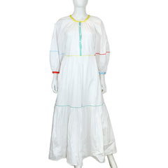 Staud White Cotton Demi Tiered Short Puff-Sleeve Prairie Peasant Maxi Dress