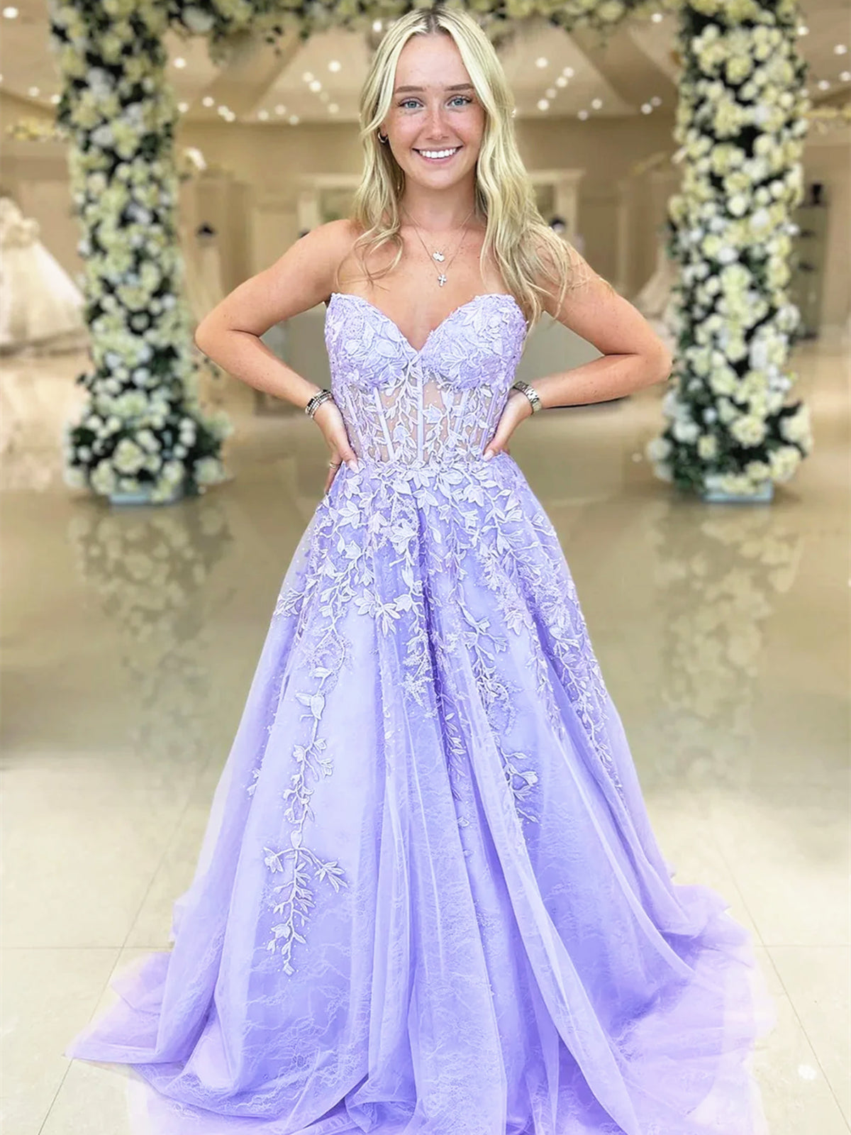 Strapless Purple Lace Prom Dresses, Purple Lace Long Formal Evening Dresses