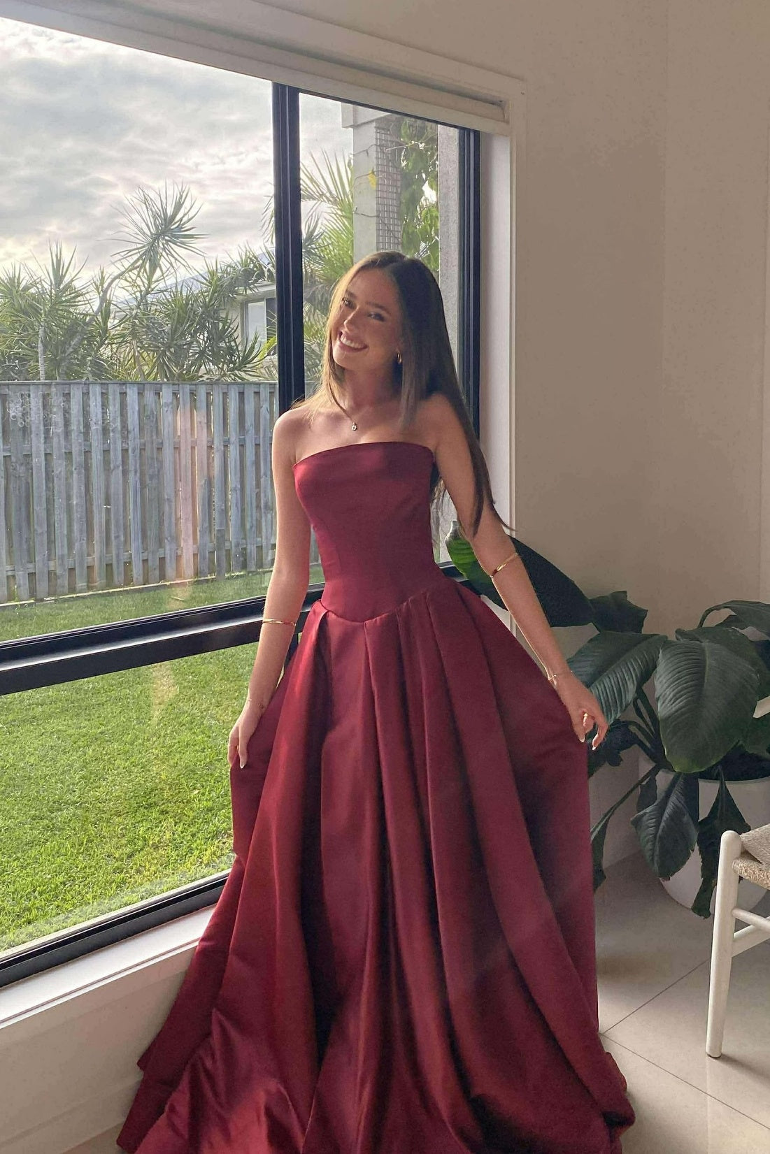 Strapless Wine Red Pleated Long Dress with Slit