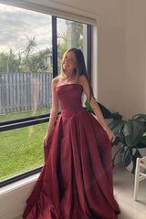 Strapless Wine Red Pleated Long Dress with Slit