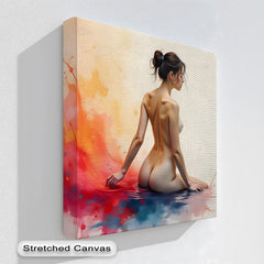 The seated nude woman is the central subject of this serene bloom abstract splash canvas wall art, making it one of the best canvas prints for bedroom or studio display.