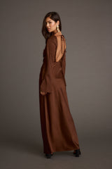 Mocha satin maxi dress with refined accents, a satin mini dress essential.