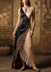 Style Black Asymmetrical Patchwork Wrinkled Silk Vestidos Dress Summer