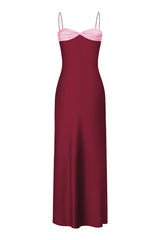 Stolen Stores Swan Slip Maxi Dress in burgundy and pink, front view showcasing flowy fabric and stylish design.