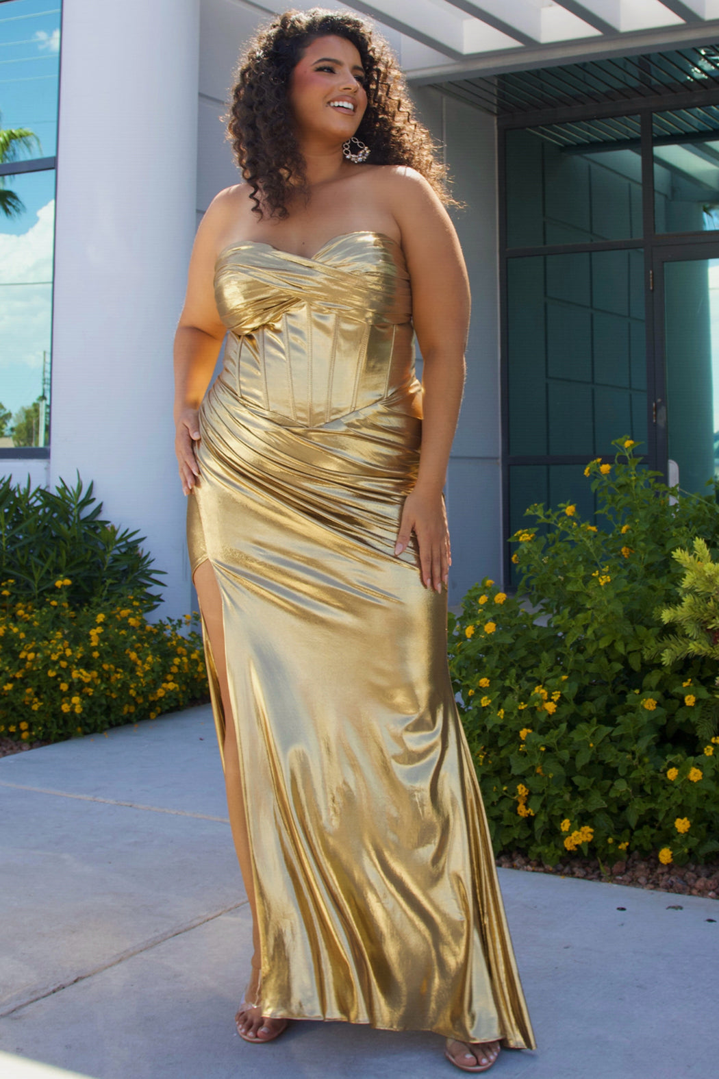 Sydneys Closet SC7425 Metallic Plus Sized Formal Dress Simple Fitted Long Slit Strapless