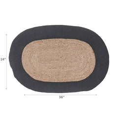 Oval Braided Jute Mat With Black Cotton Border 24x36 Inch, Natural Fiber Rug, Entryway Floor Mat