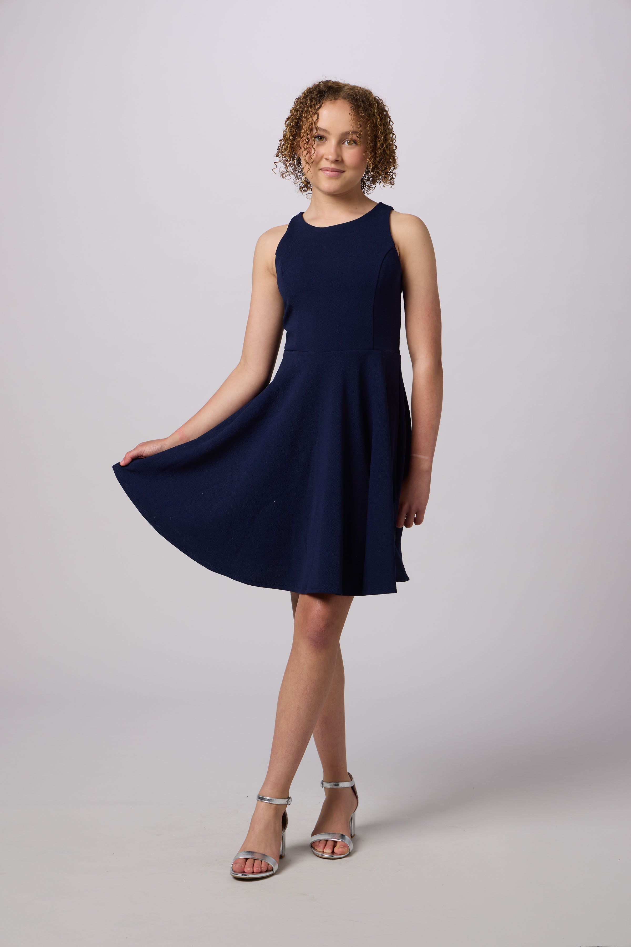 Textured Racerback Dress in Longer Length in navy.