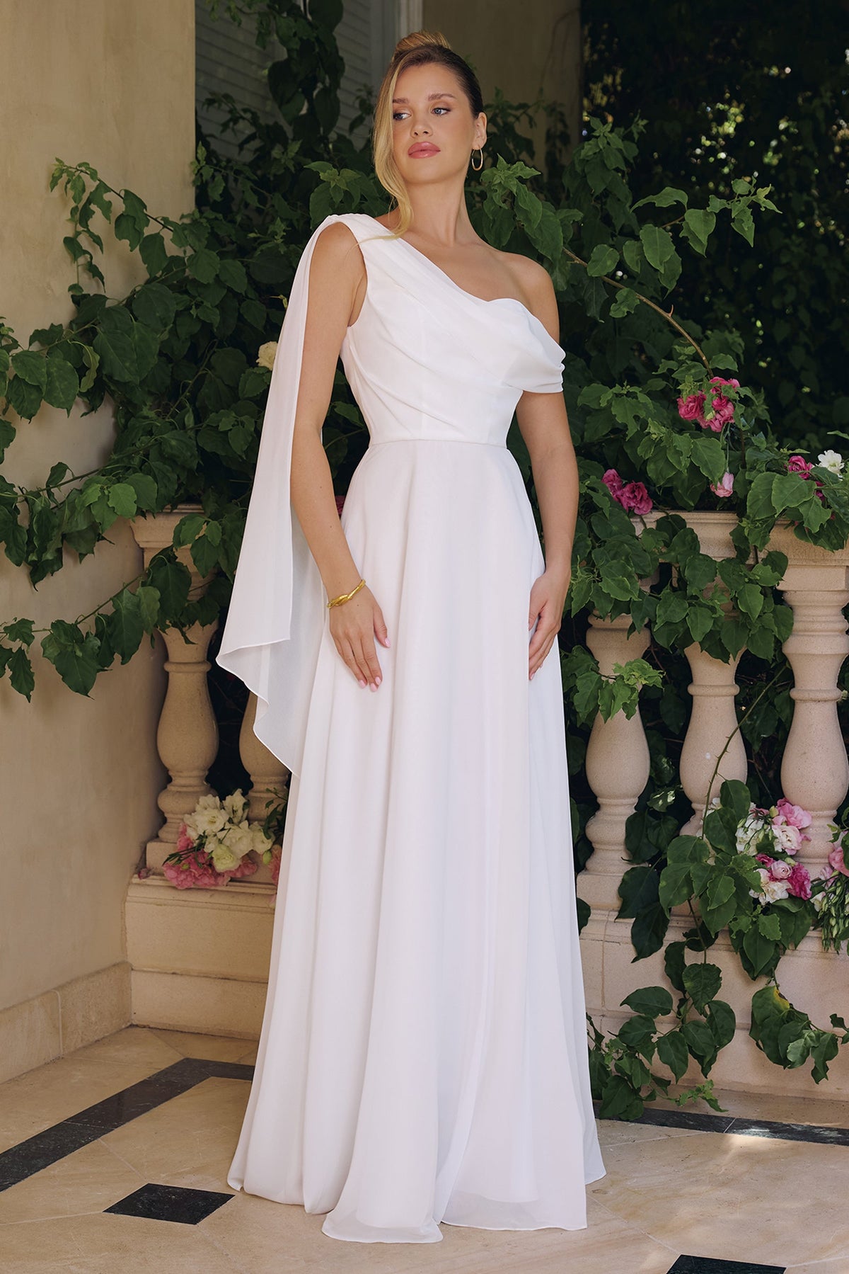 White One Shoulder A-line Gown by Amoris T716W