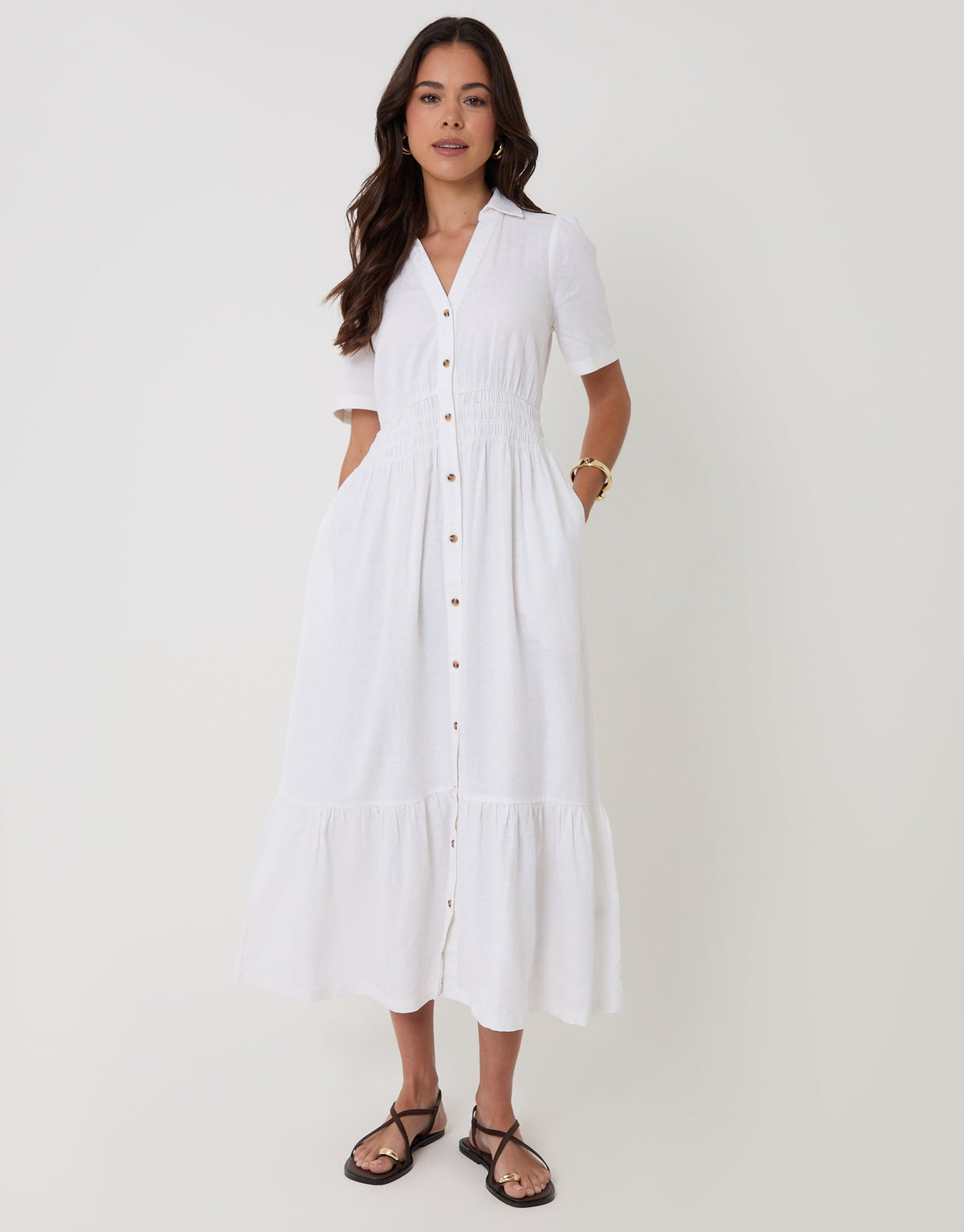 Threadbare Tiered Linen Blend V Neck Maxi Dress in White - full body