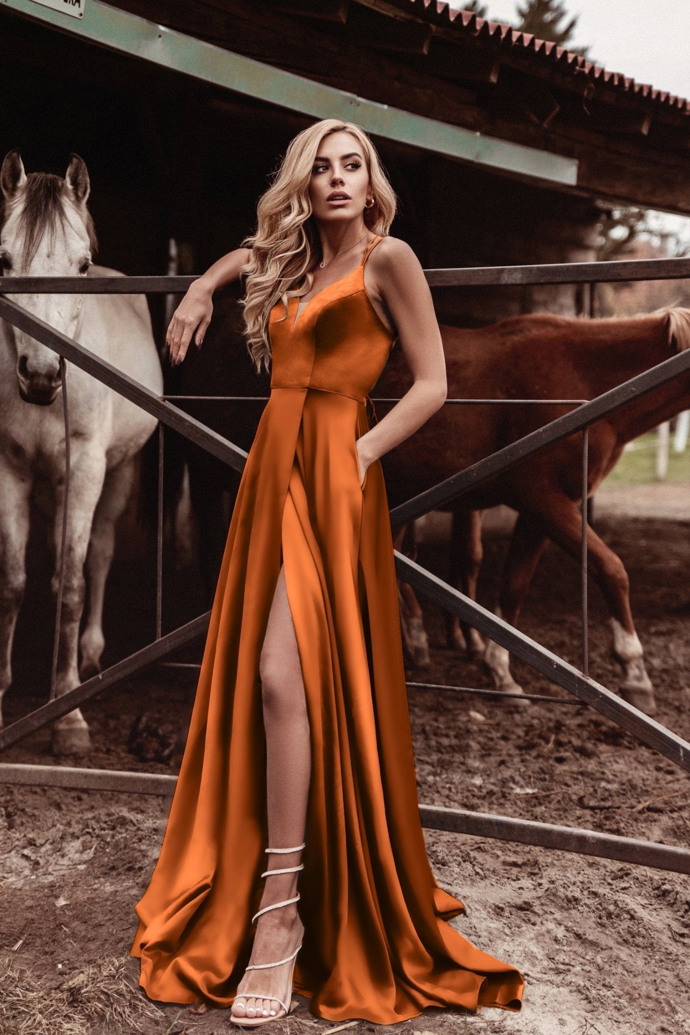 Tina Holly Couture TE001 Rust Orange Satin Lace Up Back Formal Dress in Australia | One Honey Boutique