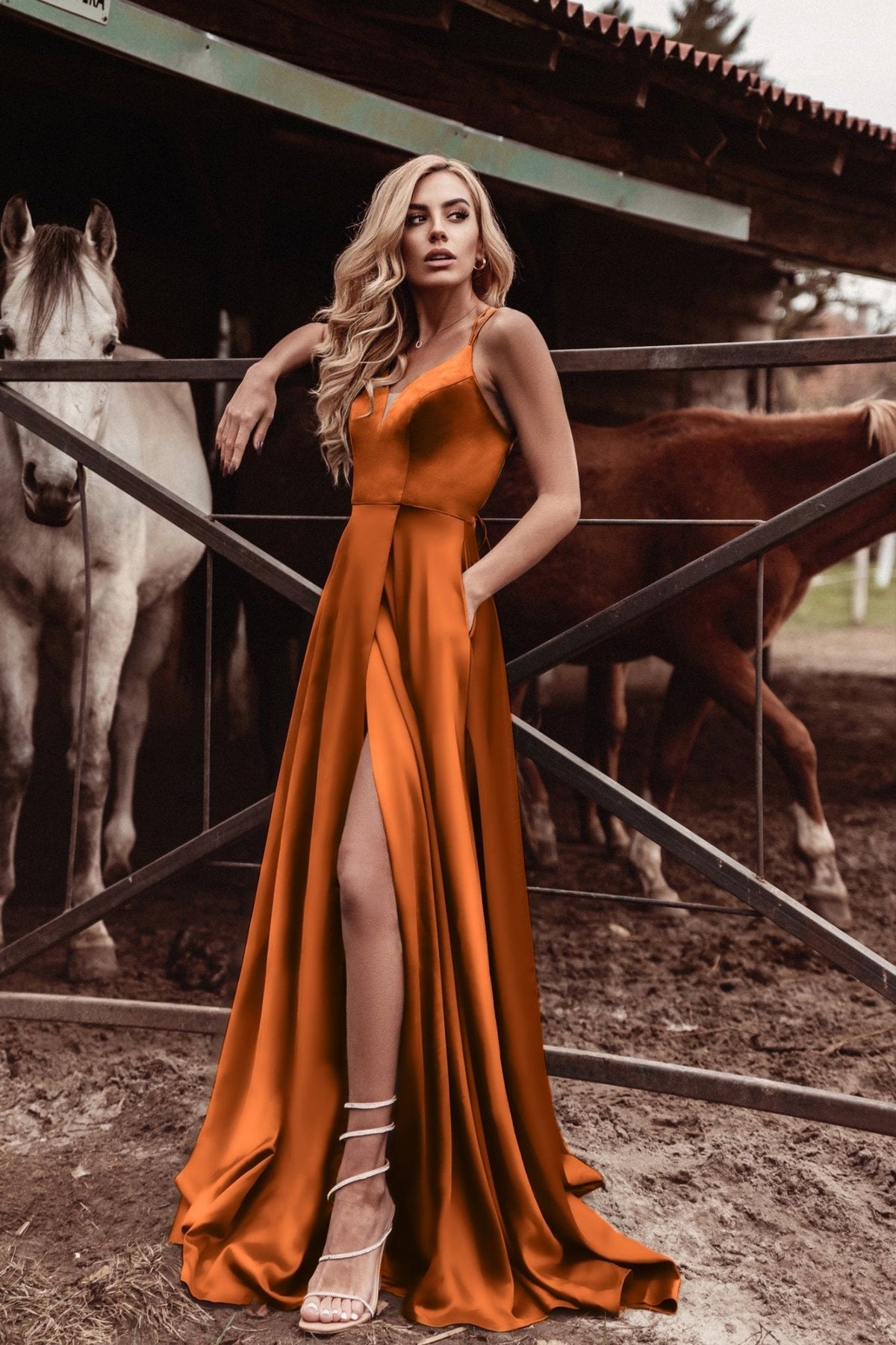 Tina Holly Couture TE001 Rust Orange Satin Lace Up Back Formal Dress in Australia | One Honey Boutique