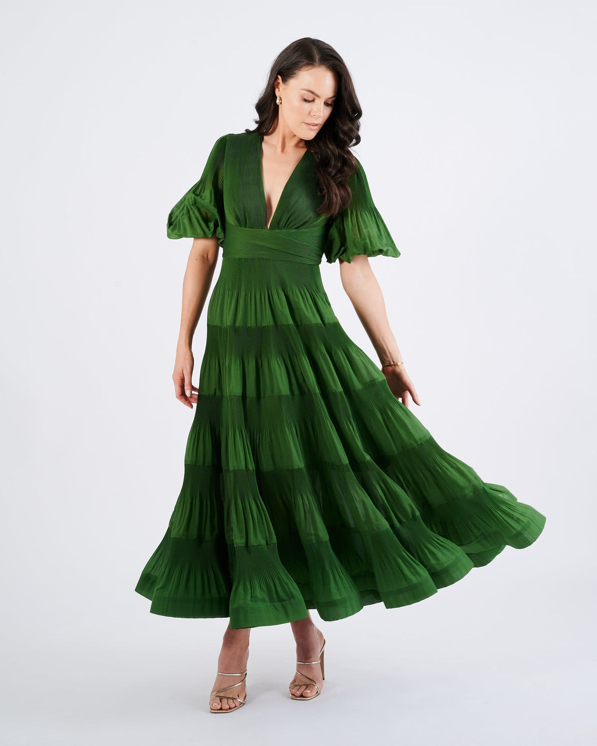 Zimmermann Pleated Midi Dress - Green front model view