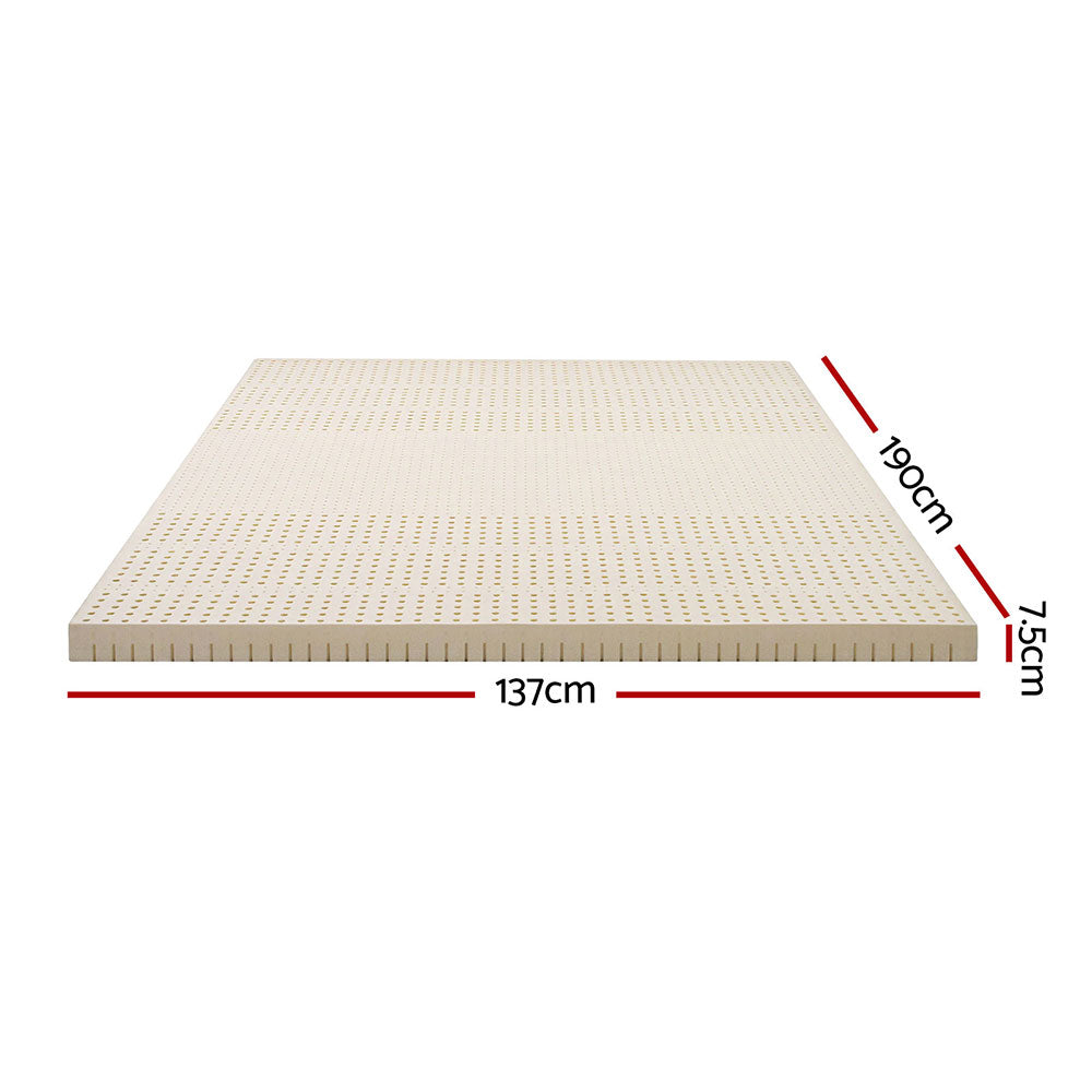 Latex Mattress Topper 7.5cm Double showing 137x190cm dimensions and natural latex material with ventilation holes