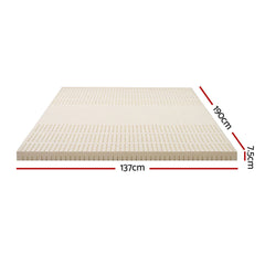 Latex Mattress Topper 7.5cm Double showing 137x190cm dimensions and natural latex material with ventilation holes