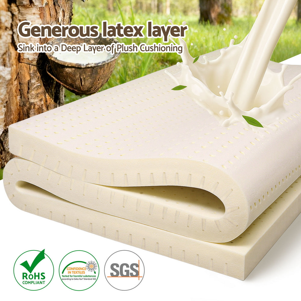 Latex Mattress Topper 7.5cm Double featuring a thick natural latex layer with breathable perforations for plush cushioning and support