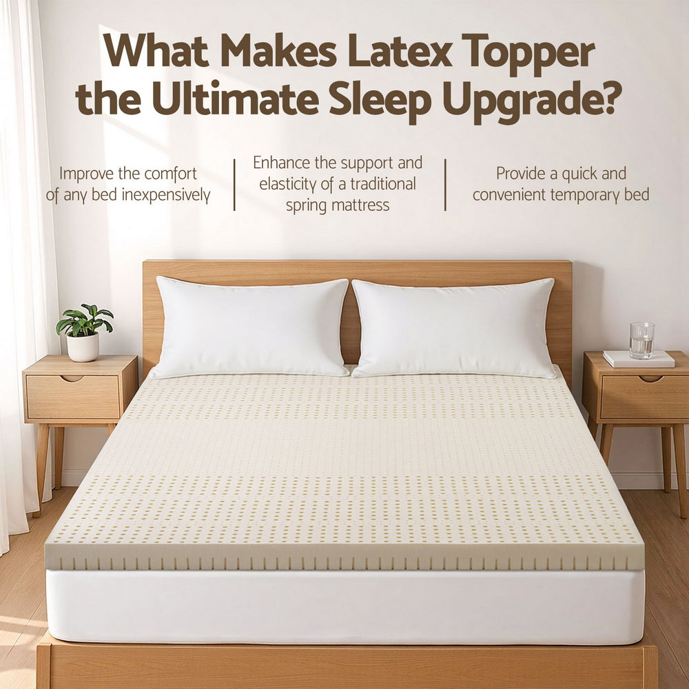 Latex Mattress Topper 7.5cm Double on wooden bed frame with pillows, bedside tables, and sleep benefit text above