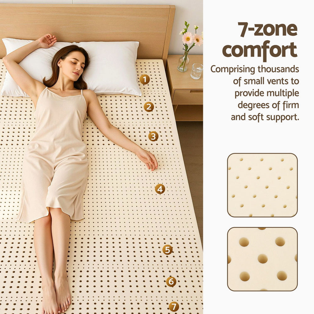 Latex Mattress Topper 7.5cm Double with 7-zone comfort and small vents for varied firm and soft support in bedroom setup