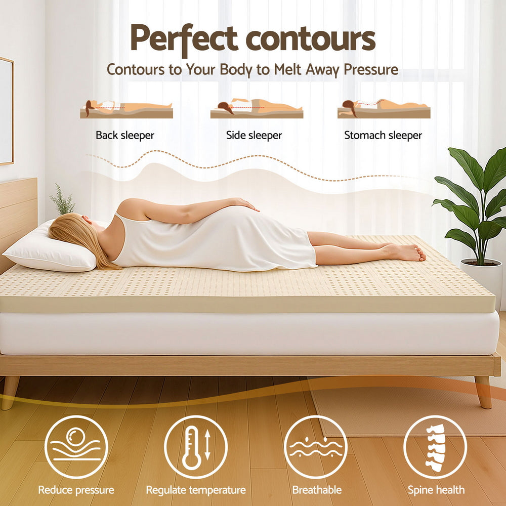 Latex Mattress Topper 7.5cm Double on wooden bed frame with woman lying down showing perfect body contour and pressure relief