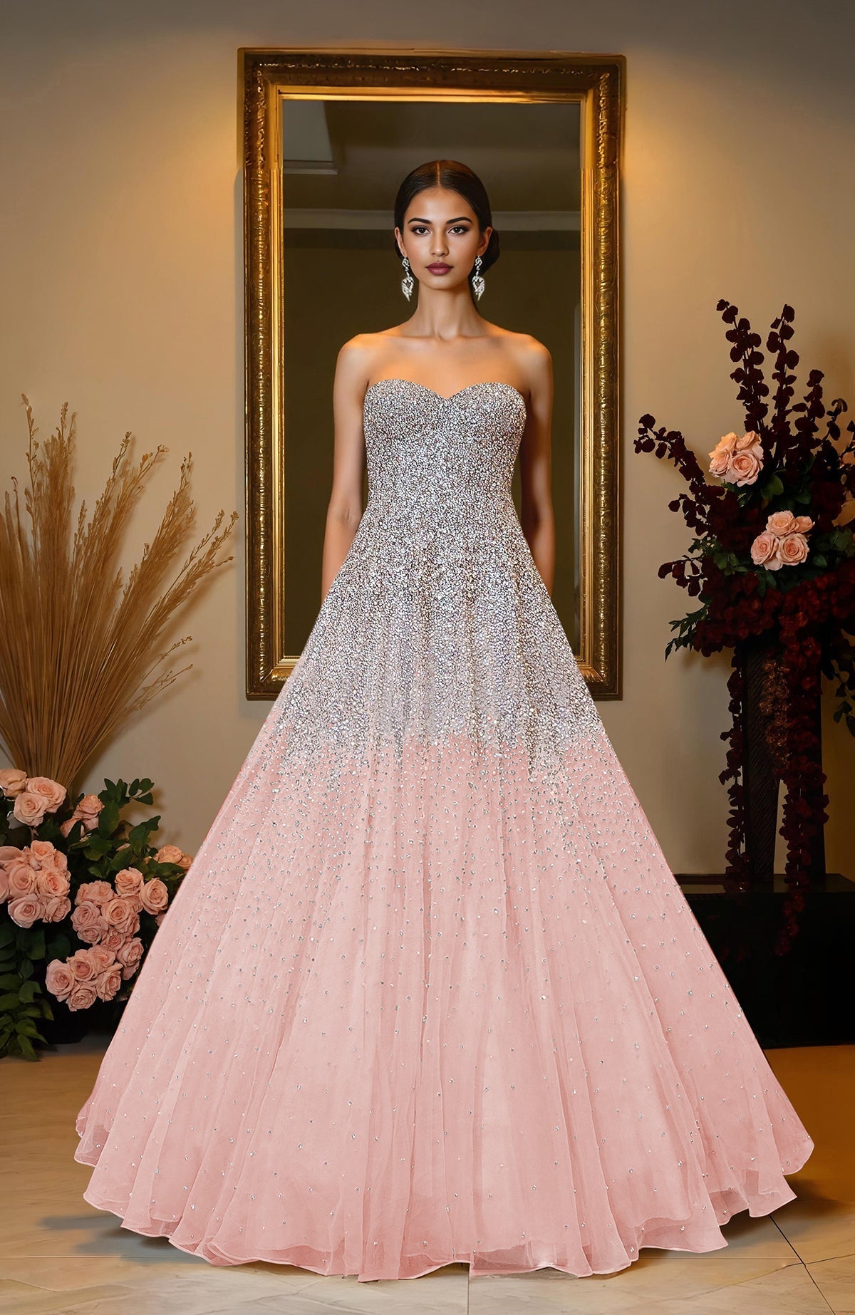 Pink strapless gown with crystal and pearl bead embroidery.