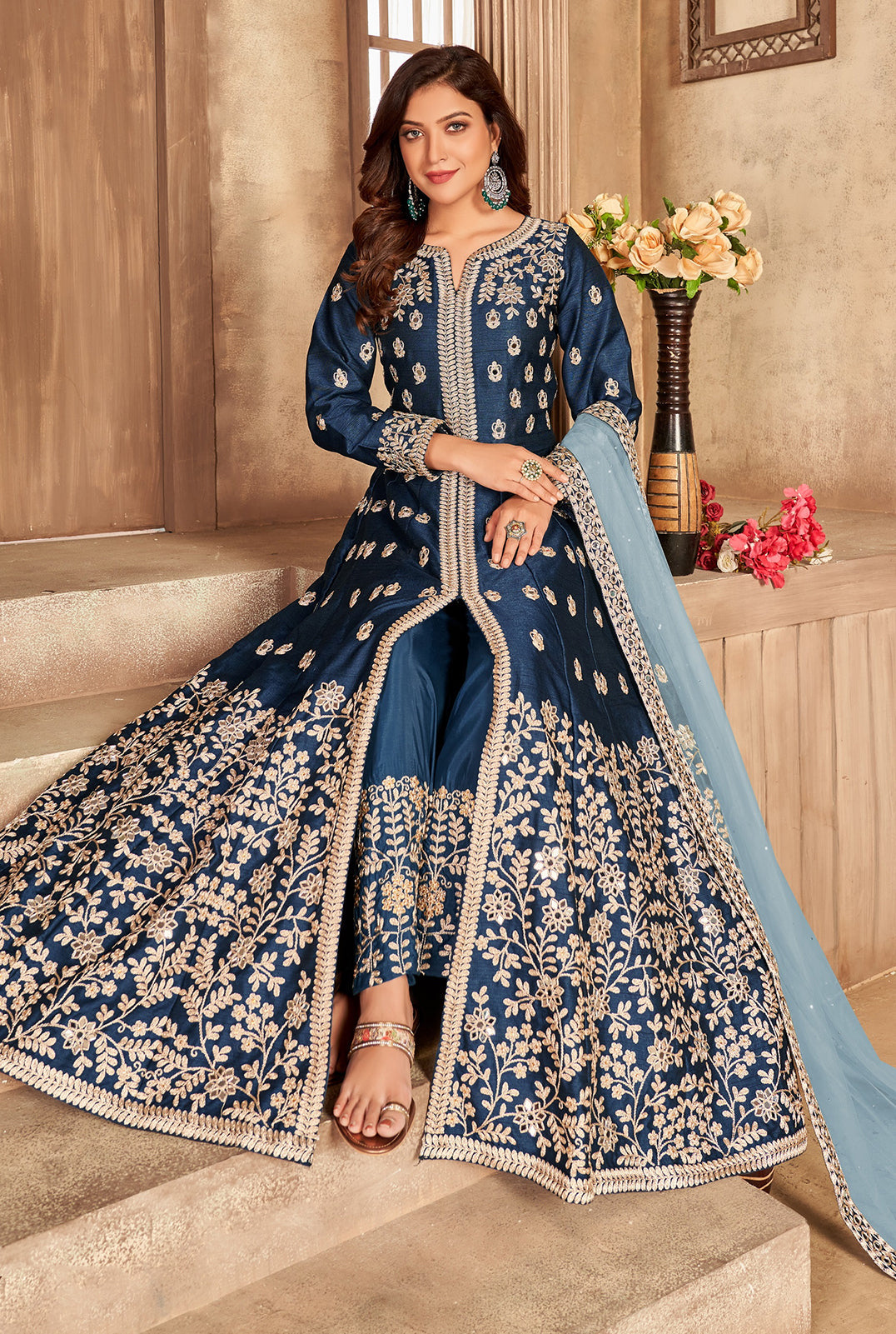 Buy Art Silk Navy Blue Anarkali - Front Slit Designer Anarkali Suit