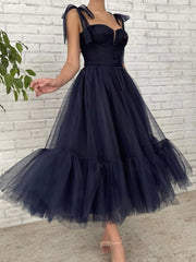 Tea Length Dark Navy Blue Tulle Prom Dresses, Dark Navy Blue Tulle Formal Evening Dresses