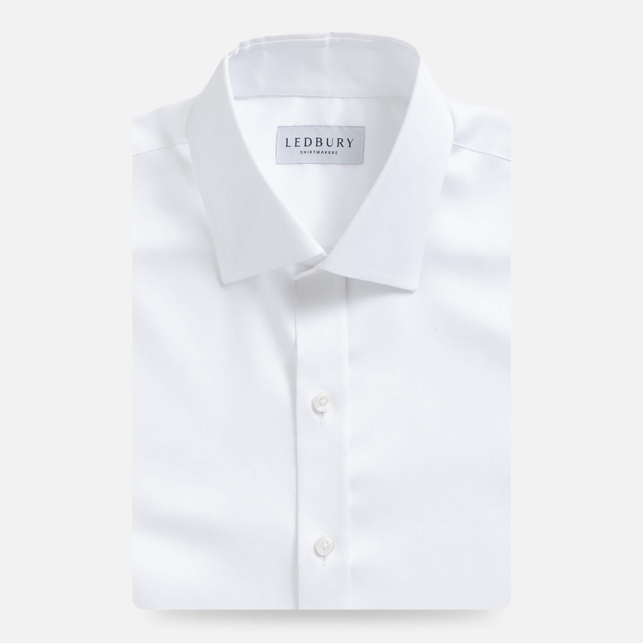 White Sanders non-iron dress shirt flat lay - wrinkle-free custom fit men's shirt