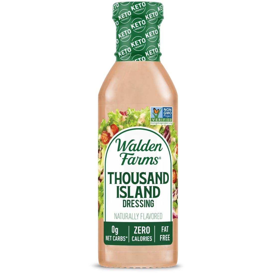 A bottle of Walden Farms Thousand Island Dressing, indicating it's calorie-free and suitable for keto diets.
