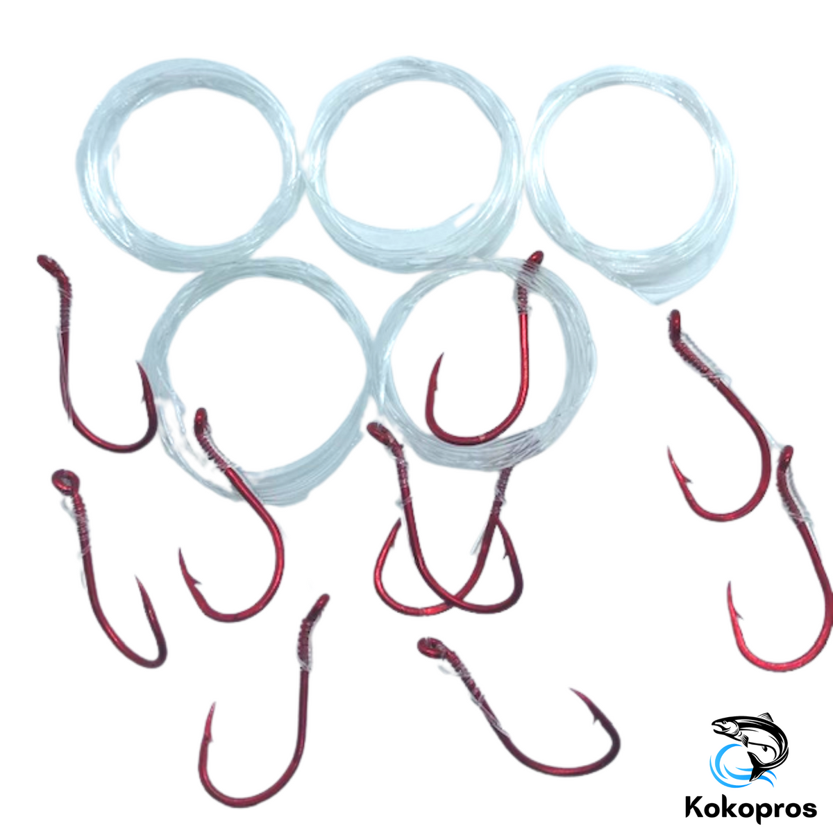 Hooks - Kokanee  Salmon Size 2 Pre-tied Red Octopus Hooks -(5-pack)