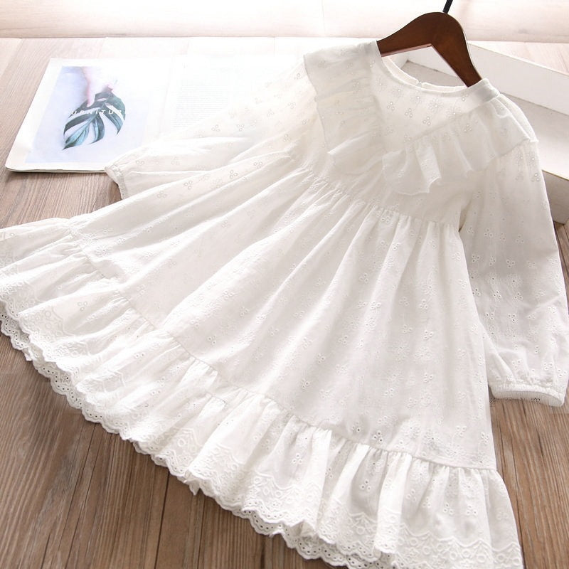 Toddler Girls Cotton White Long Sleeves Design Dress 3-4 / 4-5 years - JustBeSpecial