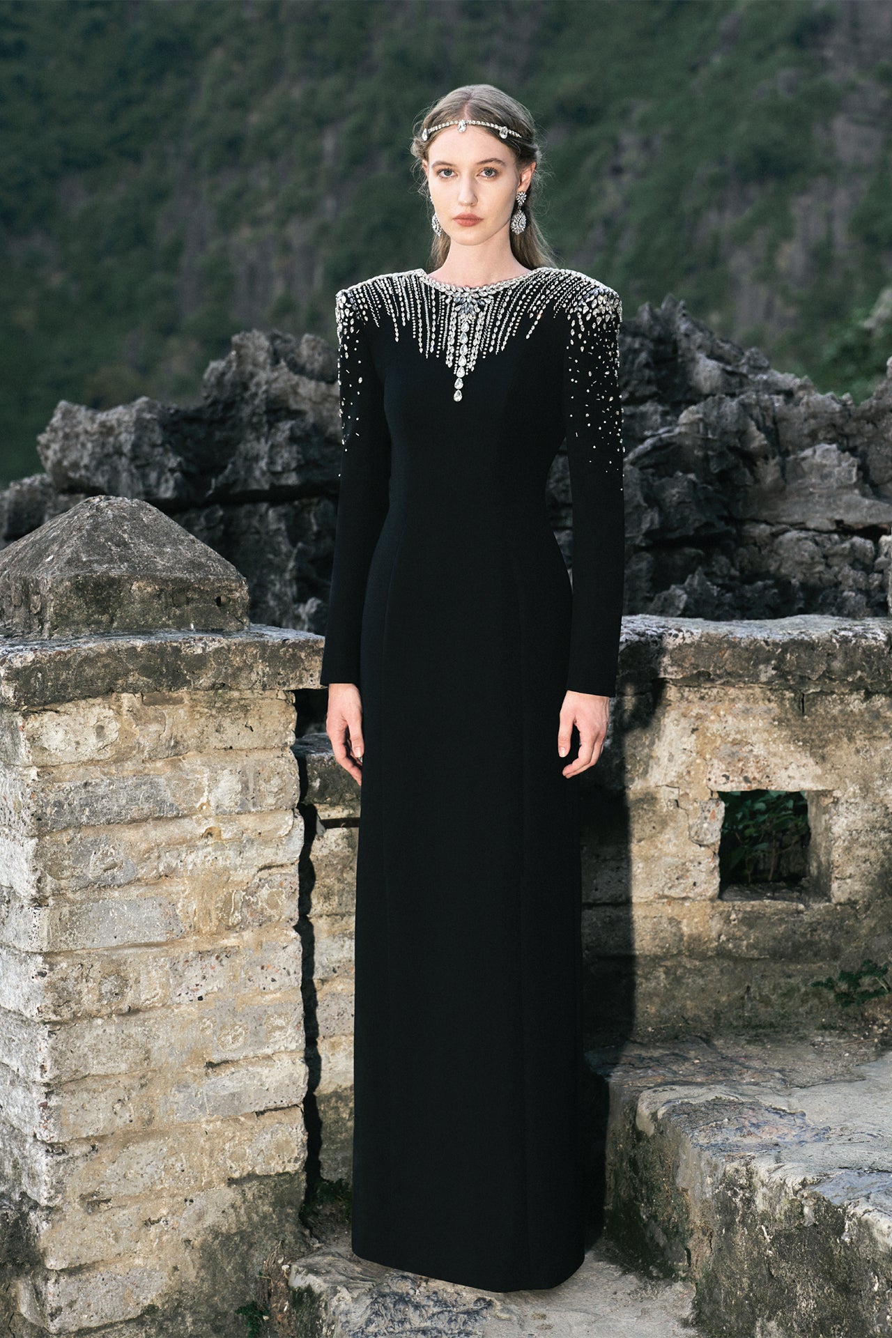 Velvet Satin Long-Sleeved Dress with Embroidery