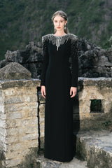 Velvet Satin Long-Sleeved Dress with Embroidery