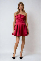 red strapless flared mini dress with pleating for holidays