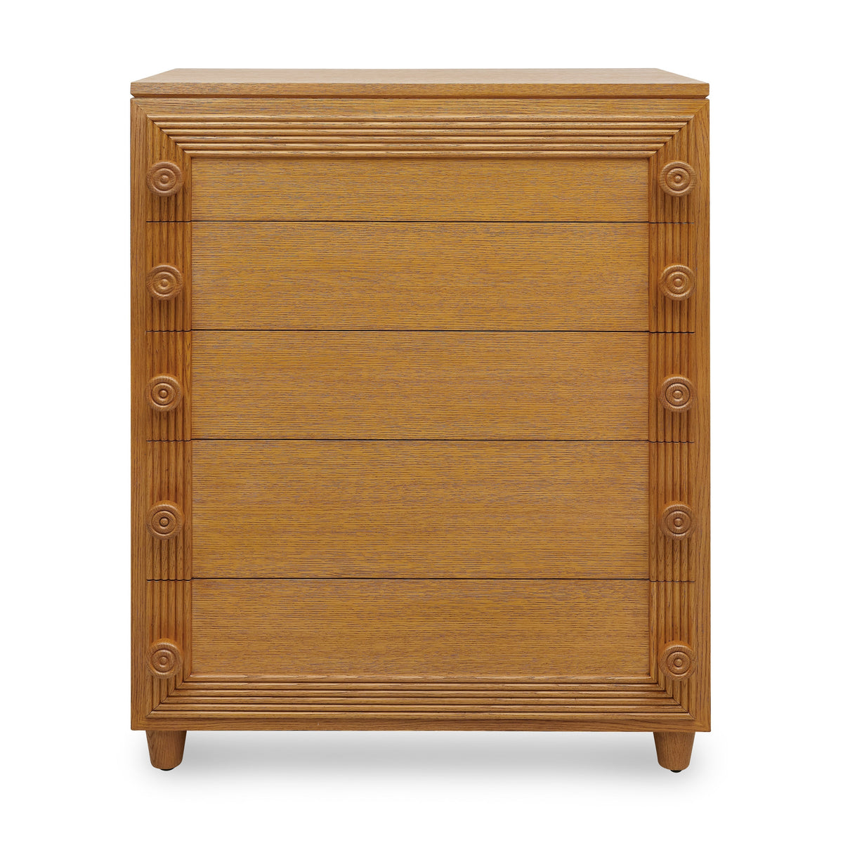 Wooden dresser with decorative carvings on a white background