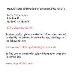 Manufacturer safety information for Xerox Netherlands, including contact details and user manual links.