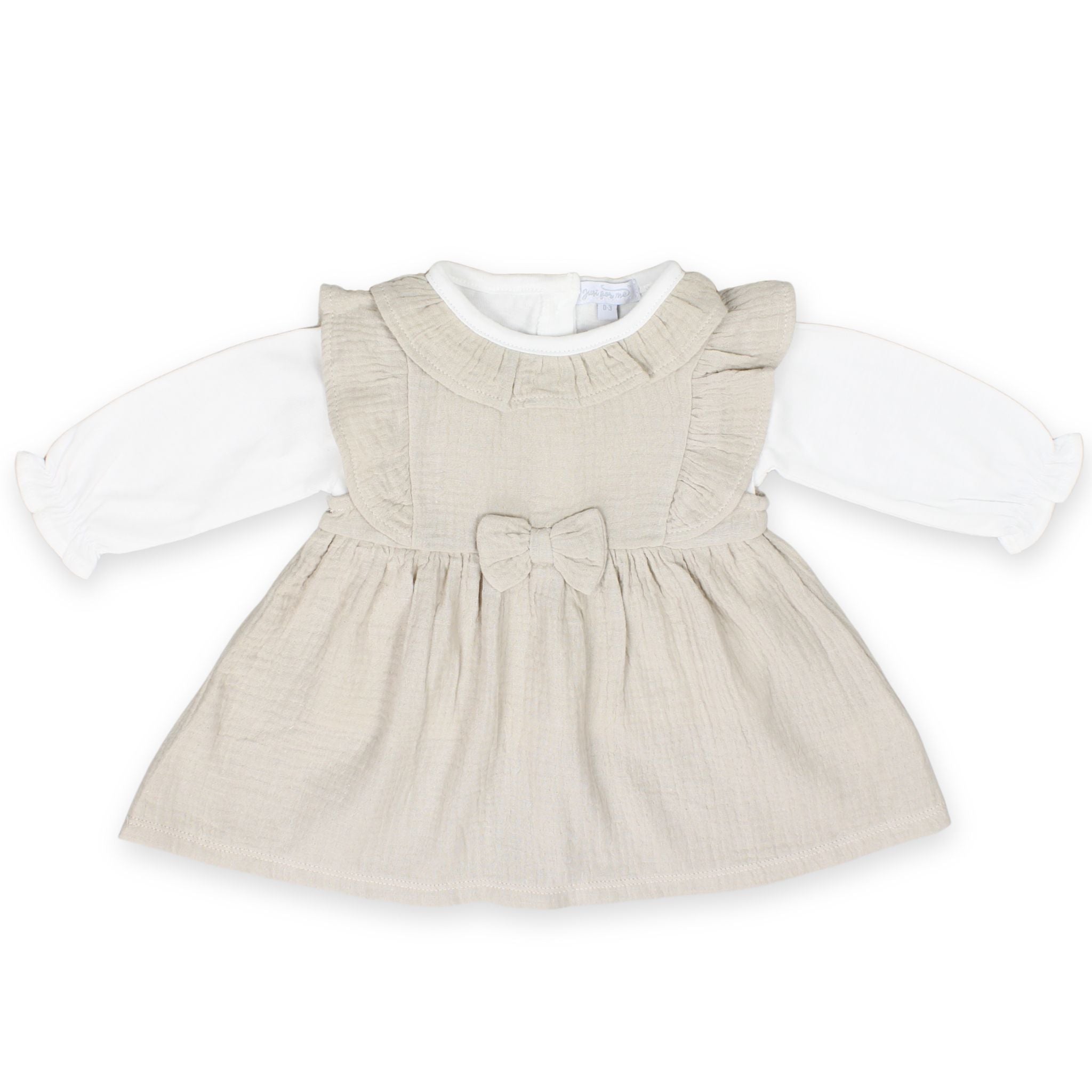 baby girl dress, beige baby dress, muslin baby dress, baby girl outfit, ruffle baby dress, baby dress with bow, baby girl long sleeve dress