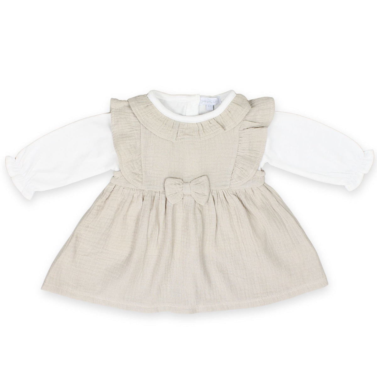 baby girl dress, beige baby dress, muslin baby dress, baby girl outfit, ruffle baby dress, baby dress with bow, baby girl long sleeve dress