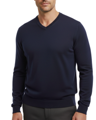 Proper Sport Mens Navy Blue Regular Fit V-Neck Cotton Silk Knit Sweater