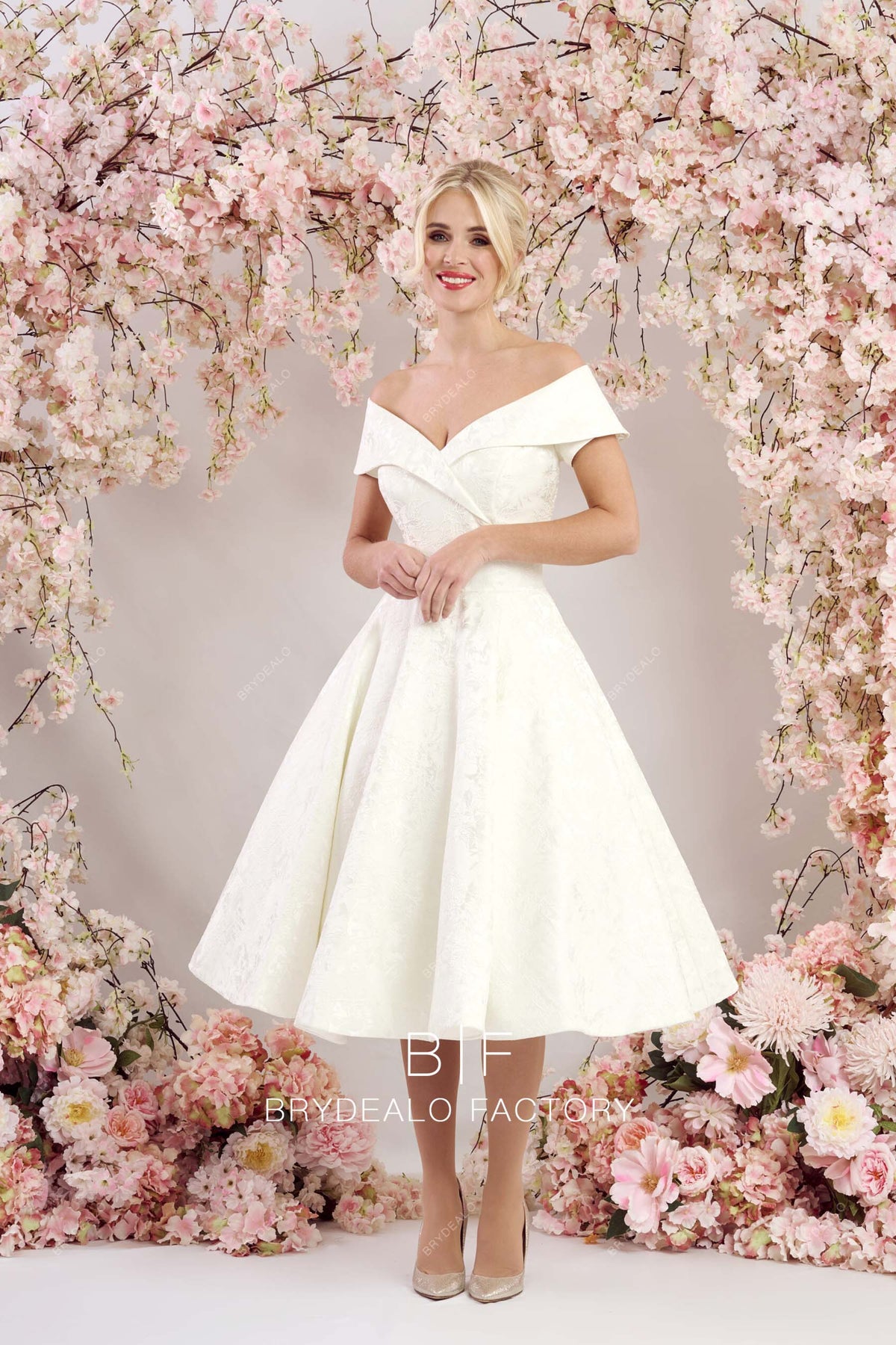 designer V-neck off shoulder A-line wedding gown