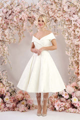 designer V-neck off shoulder A-line wedding gown