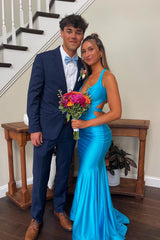 V-neck Blue Open Back Ruched Mermaid Long Dress