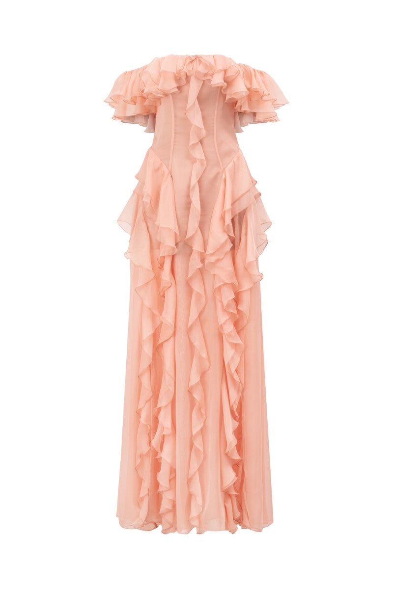 Peach fuzz silk ruffles maxi dress by 21Six featuring flowing fabric and elegant ruffle details.