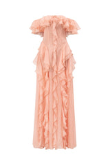 Peach fuzz silk ruffles maxi dress by 21Six featuring flowing fabric and elegant ruffle details.