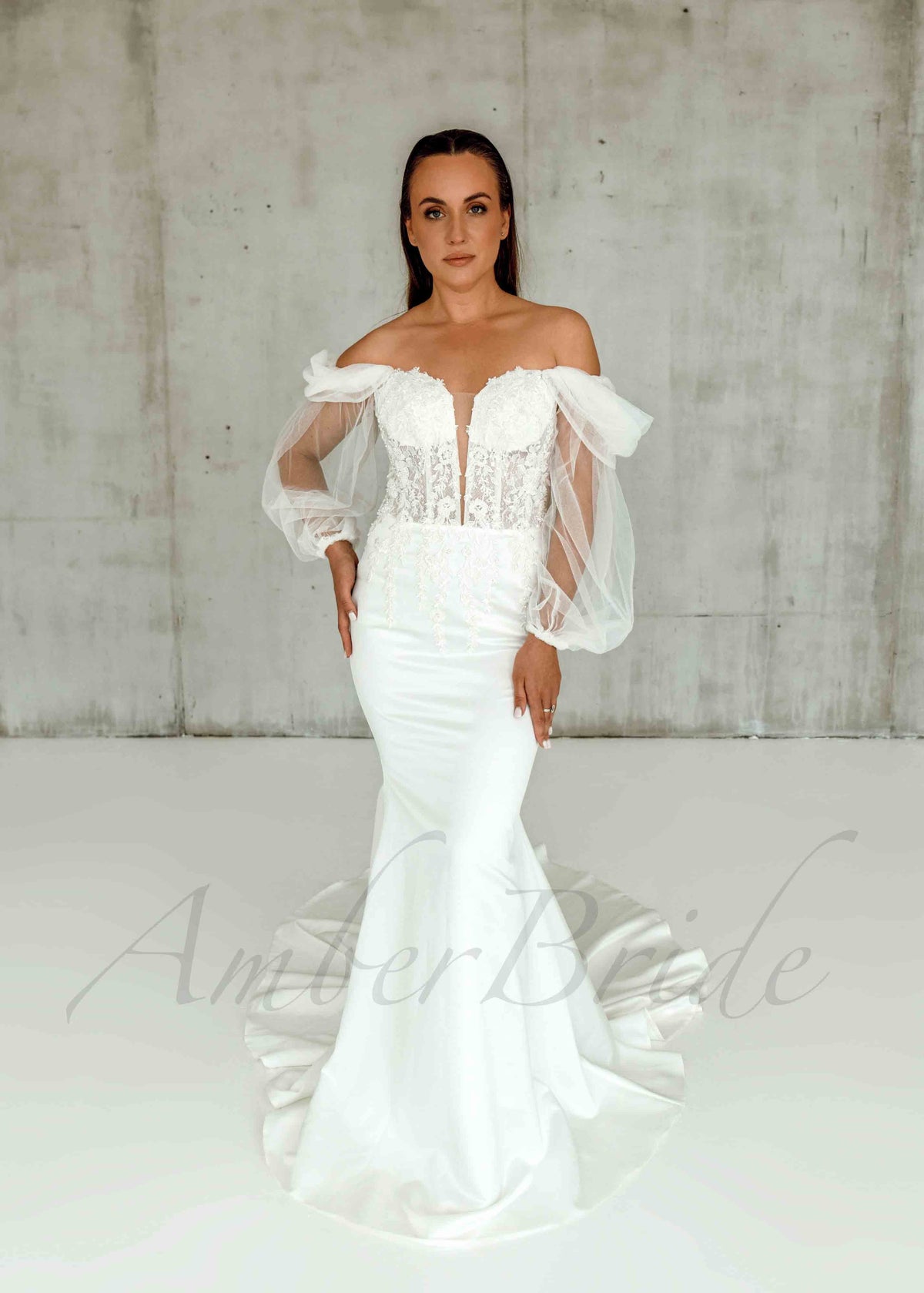 Rustic Mermaid Wedding Dress with Deep V-Neckline and Off-Shoulder Puffy Sleeves – front view | AmberBride