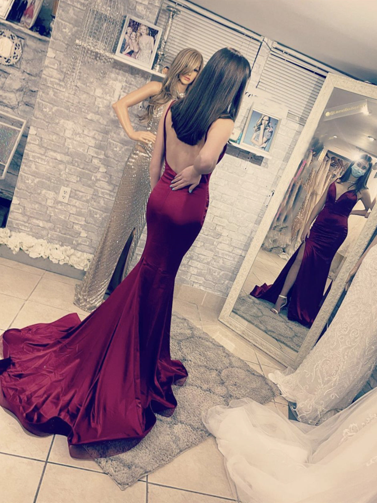 V Neck Backless Burgundy Mermaid Long Prom Dresses, Wine Red Open Back Formal Evening Dresses