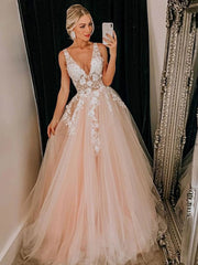 V Neck Pink Lace Prom Dresses, 3D Floral Pink Lace Formal Evening Dresses