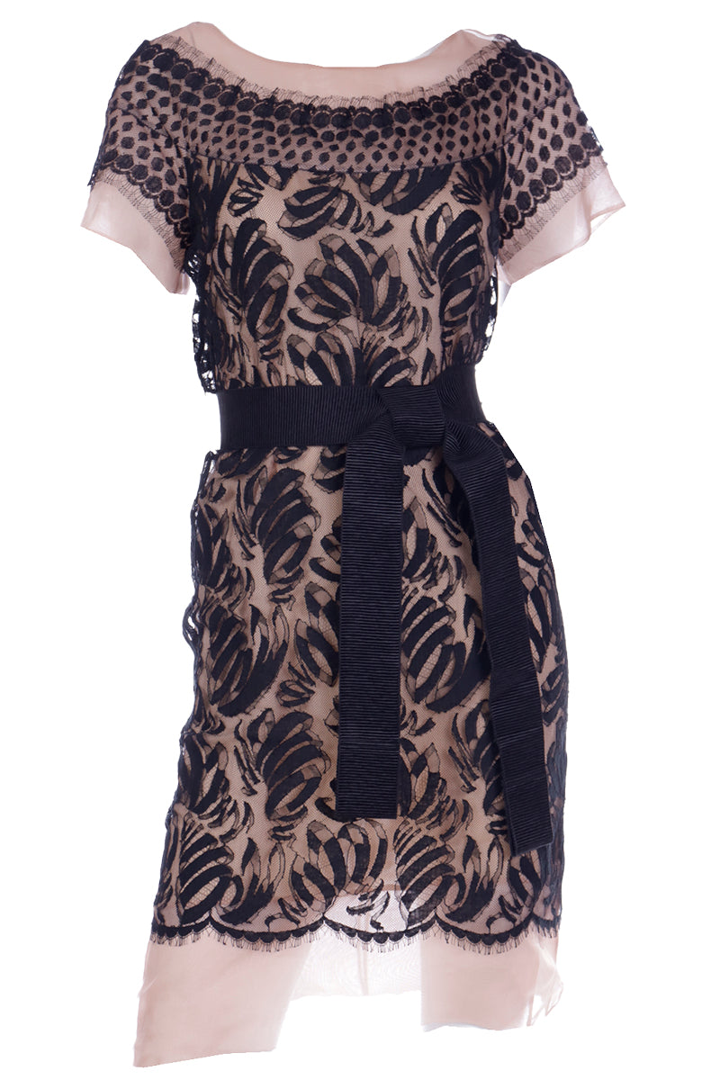 2000s Valentino Black and Blush Lace Overlay Evening Dress